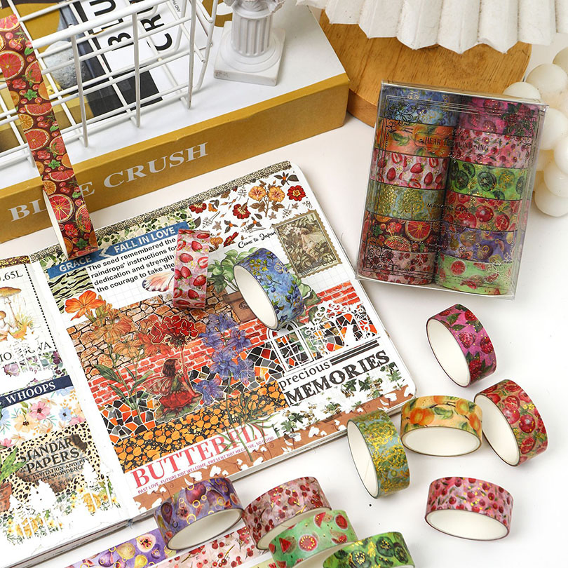 12Pcs Fruits Washi Tapes Scrapbooking Supplies Washitape Gold Foil Stamping Ocean Diary Cinta Adhesiva Decorativa Washi Tape Set