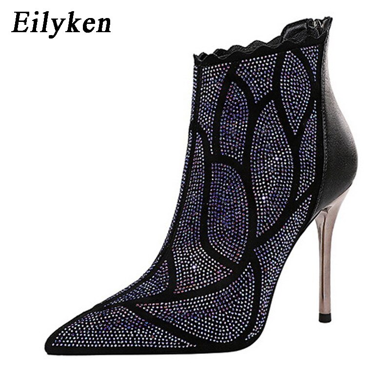 EilyKne-Botines finos de tacón alto para mujer, botas femeninas de tacón fino, brillantes, de punta estrecha con diamantes de imitación, con cremallera, para club nocturno, para invierno,: 4