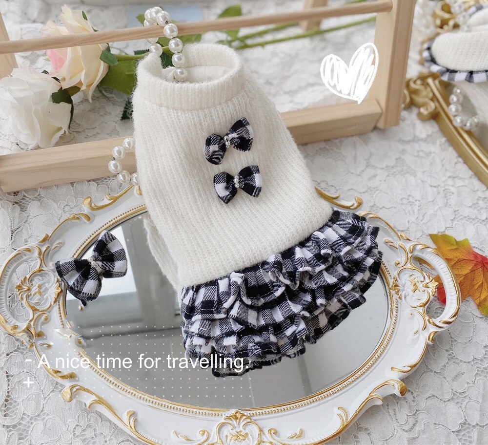 Handmade Dog Sweater Dog Dress Black White Plaid Cake Skirt Couples Dress Thick Warm Winter Outerwear Poodle