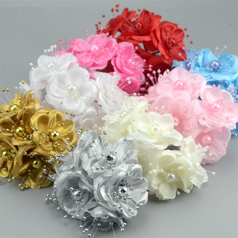 12 unidades/lote estambres de perlas Mini ramo de flores artificiales de seda de color rosa para decoración de boda DIY, accesorios para tocado de flores de novia