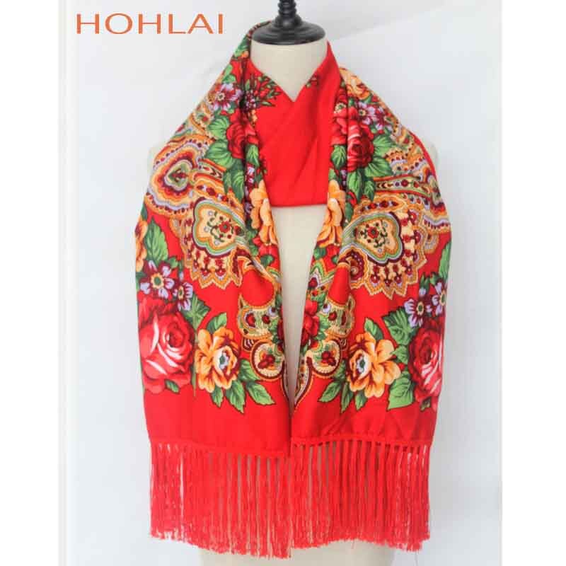 Foulard Long Femme à Franges - Imprimé Floral - Mélange Coton - Plus de 175cm: Rouge