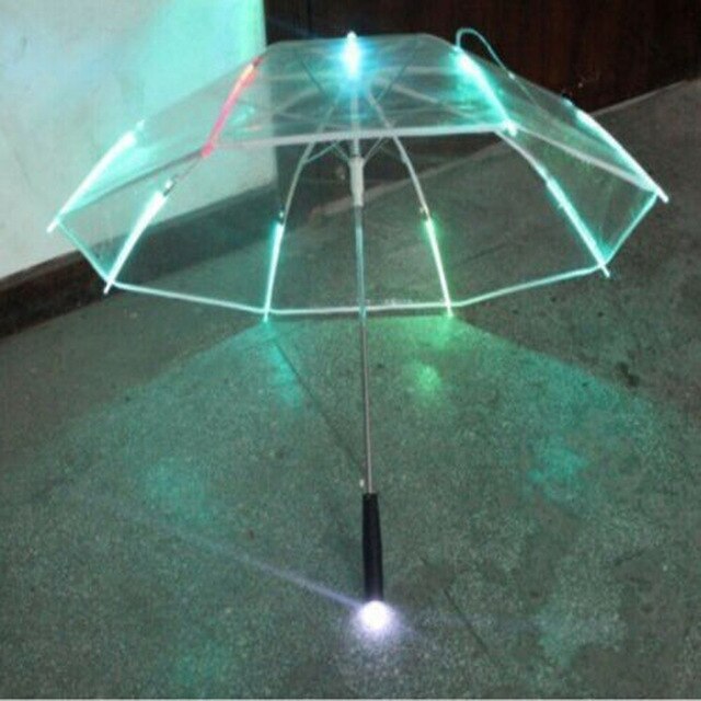 Cool paraply med led-funktioner 8 rib lys gennemsigtig med lommelygte håndtag: Klar