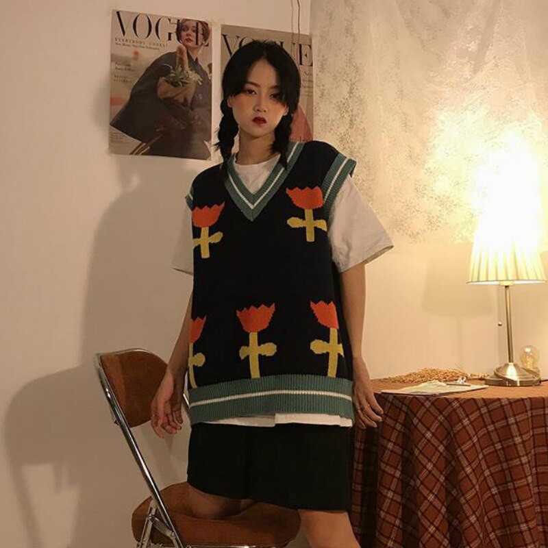 Trui vest dames cartoon-bloemen v-hals plus size 2xl koreaanse losse casual dames tops herfst-winter studenten mooie ulzzang vriendje