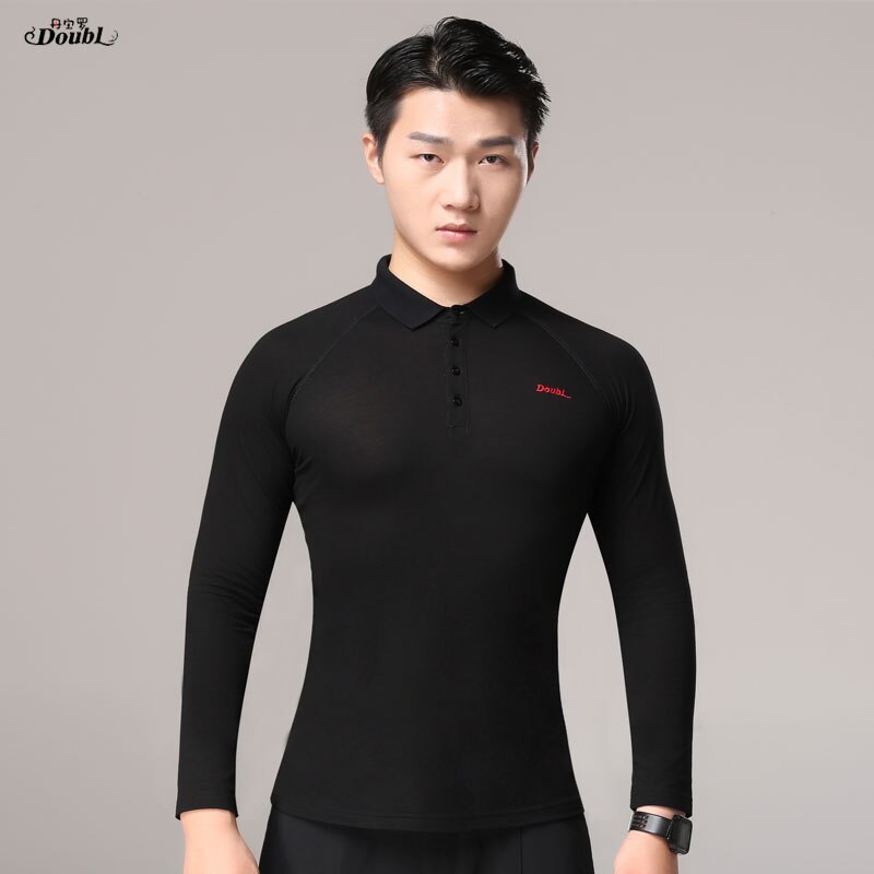 Doubl-camiseta negra de Tops de baile Latino para hombre, camiseta de Salsa de Vals, Trajes de baile latino de manga larga estándar nacional