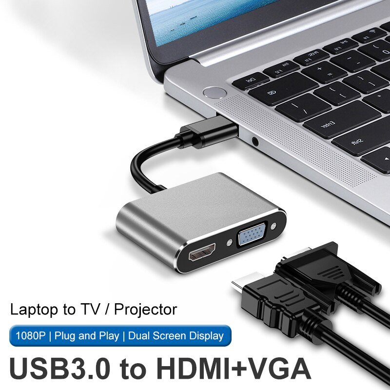 Adaptador USB 3,0 a HDMI VGA Pantalla de doble salida Cable Adaptador convertidor gráfica multipantalla