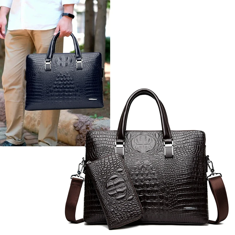Briefcase Bag for Man PU Leather Crocodile Tote Handbag Laptop 14 Male Shoulder Business Messenger Crossbody Side WT201