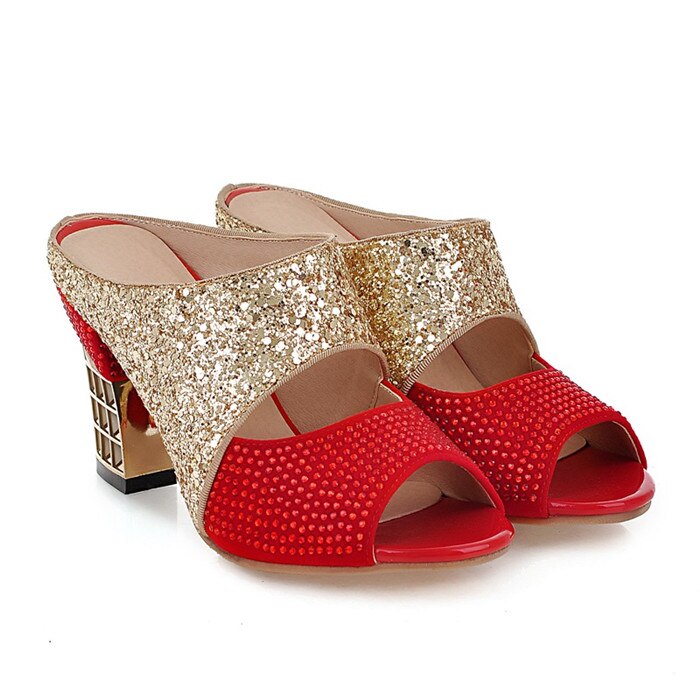 Meotina damesko sommertøffel glitter pigg høye hæler sko sexy krystall peep toe slides dame sandaler rød stor størrelse 34-43: Rød / 5