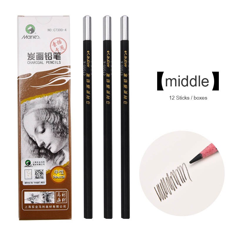 Maries 12 stks/doos Lood Zachte/Neutraal/Hard Houtskool Zwart Sketch Art Tekening Potlood Nontoxic Potlood Kunst Levert: Neutral charcoal
