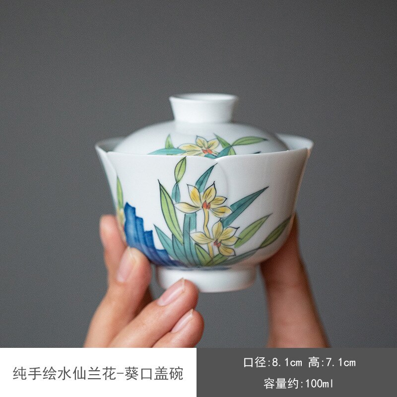 100ml Pure Hand-painted Narcissus Orchid Art Tea Tureen Boutique Tea Maker Gaiwan Ceramic Hand Grasping Tea Bowl Kung Fu Teaware: Default Title