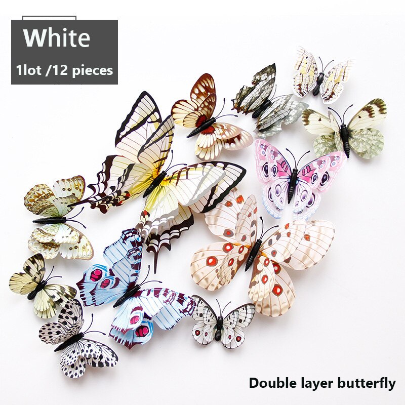 12 pièces/lot multicolore papillon Stickers muraux Double couche 3D bricolage papillons Stickers muraux pour décor à la maison salon: WHITE