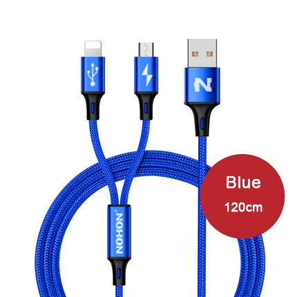 Nohon 3 in 1 8 pin type c micro nylon usb kabel til iphone 8 x 7 6 6s plus ios 10 9 8 samsung nokia usb hurtigopladning kabler ledning: 2- i -1 blå