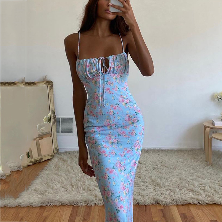 Slankt siddende sommerblomsterprintet bodycon maxikjole til kvinder med spaghettistropper ærmeløs boho-stil streetwear lang kjole