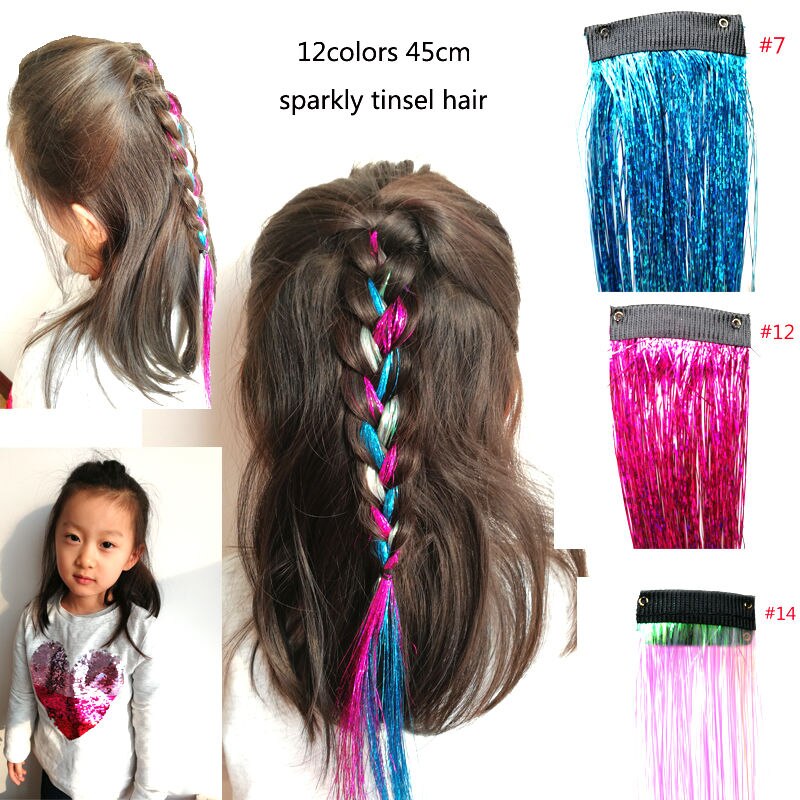 1pc fairy hair tinsel kit varmebestandig pack clip skinnende glitter hair extensions tilbehør til børn piger kvinder 13 farver 45cm