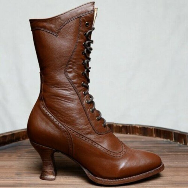 Women Autumn Winter Mid-Calf Boots Lace Up Hoof Heels Boots Retro Victorian Europe Style Shoes Ladies Boots