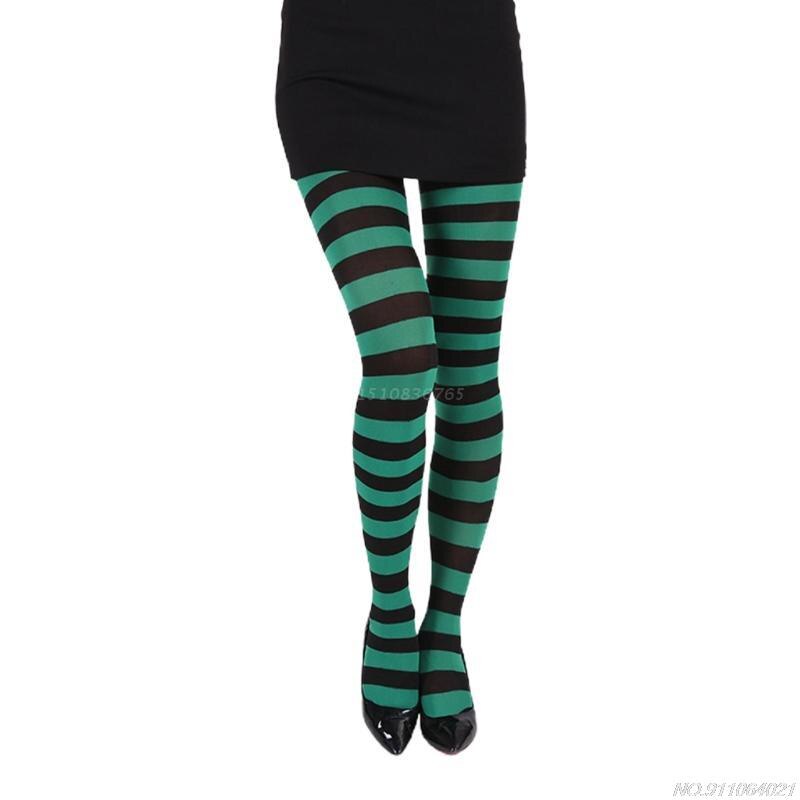 Women Girls Rainbow Multicolor Striped Tights Opaque Stockings Full Length Slim Pantyhose for Christmas Halloween Cosplay au20: Green and black