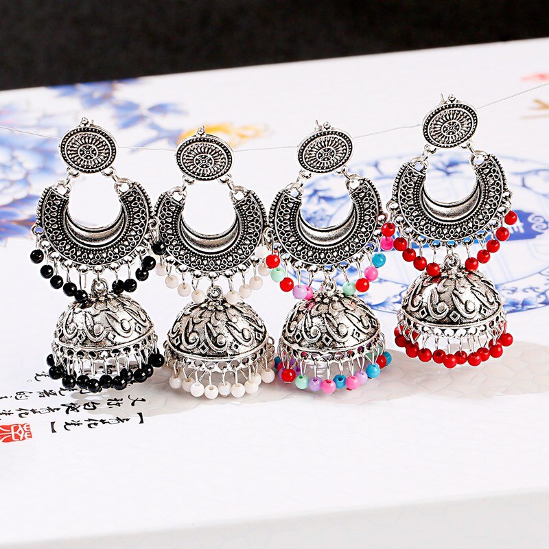 Ethnic Silver Color Gypsy Indian Earrings For Women Boho Jewelry Beads Bell Tassel Jhumka Earrings Ladies Retro Earrings