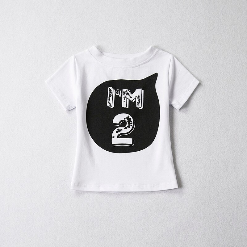 Unisex sommer t-shirt pige bomuld brev toppe baby pige tøj 1 2 4 år fødselsdag toddler dreng skjorter fest slid tøj: Hvid 2