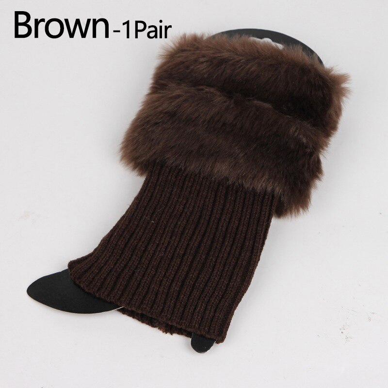 Herfst winter effen kleur casual dames gebreide laarzen manchetten bont gebreide warme beenwarmers laarzen sokken beenwarmers schoenen set kerst: Bruin