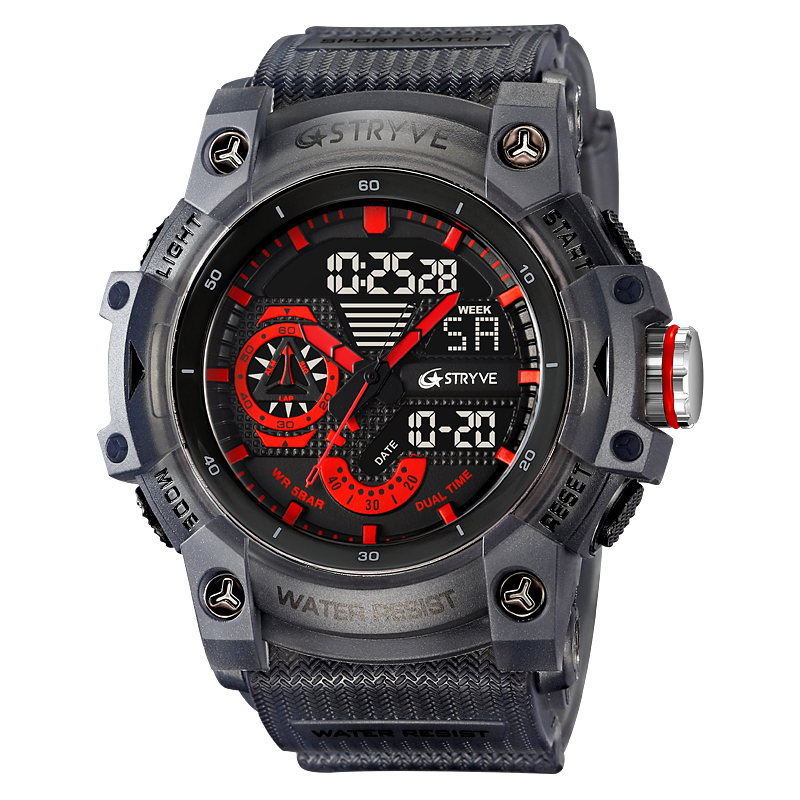STRYVE Sports Dual Display Watch For Men LED Digital Quartz Waterproof Watches Men's Stopwatches Clock Youth Wristwatches 8029: grey