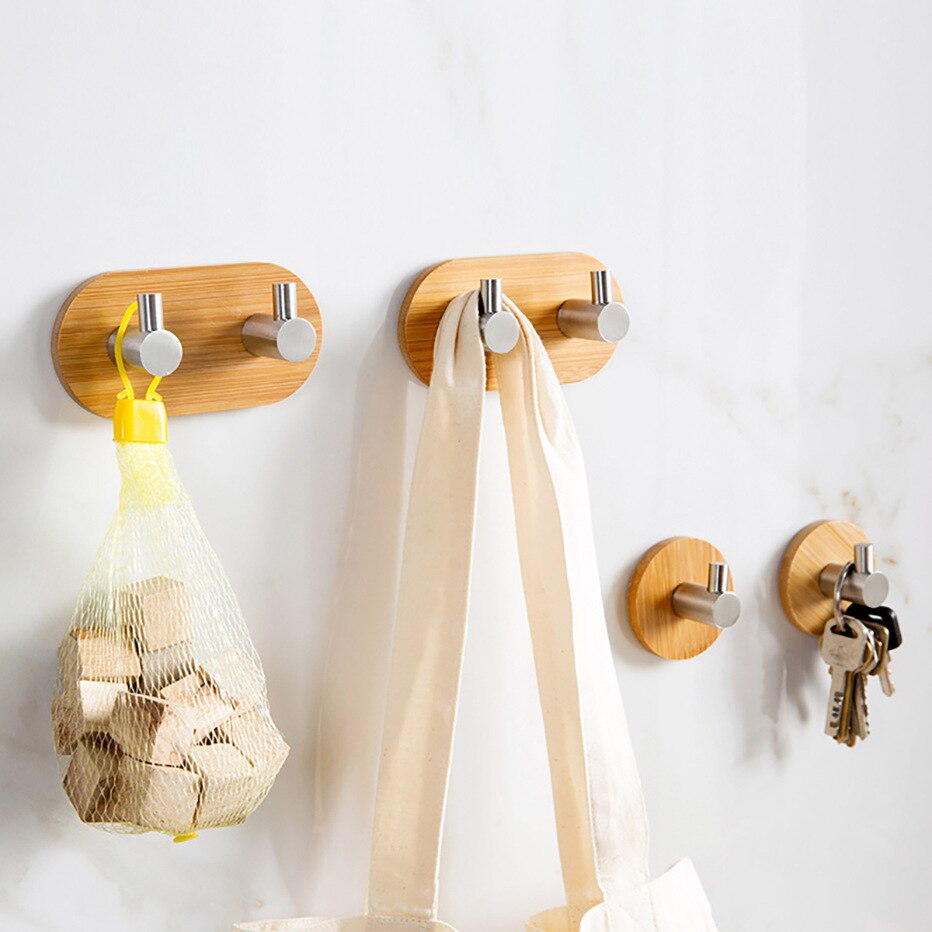 1/2/3 Row Stainless Steel Bamboo Key Hooks Seamless Adhesive Hook Kitchen Bathroom Door Coat Hangers