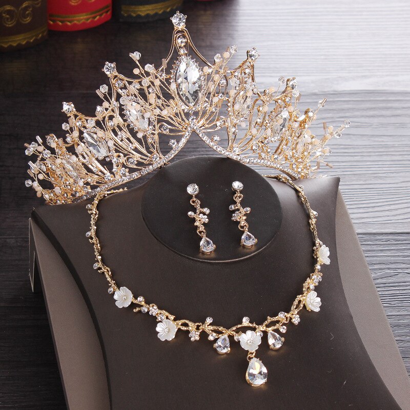 Conjunto de joias de casamento estilo barroco, retrô, strass, ouro, tiara, coroa, colar, casamento, noiva, luxo