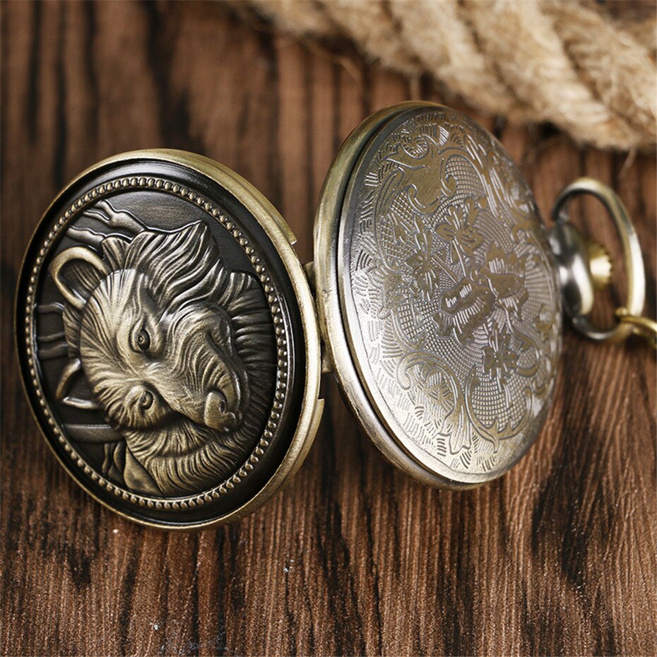 Steampunk wolvenkop quartz zakhorloge vintage brons coole kettinghorloges voor mannen en vrouwen met ketting