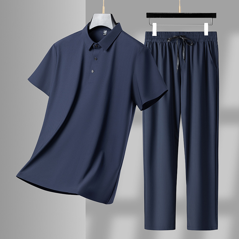 Conjunto informal de para hombre, ropa deportiva transpirable de seda de hielo, camiseta Polo de manga corta y pantalones, chándales, Verano: XXL / Azul marino