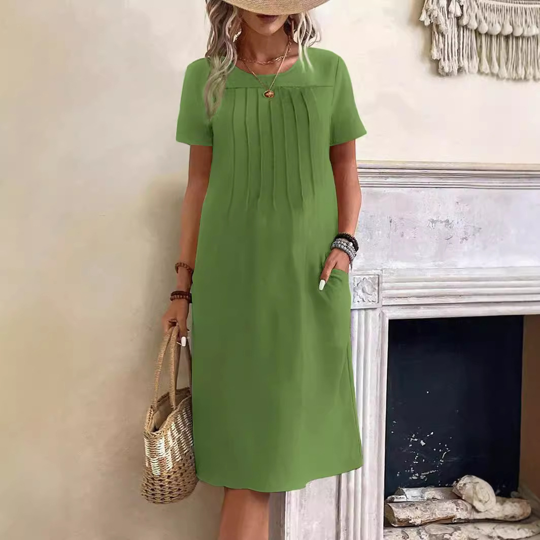 Women Short Sleeved Urban Casual Beach Dress Camisole Style Loose Waist Vacation Solid Office Lady Basic Short Dresses