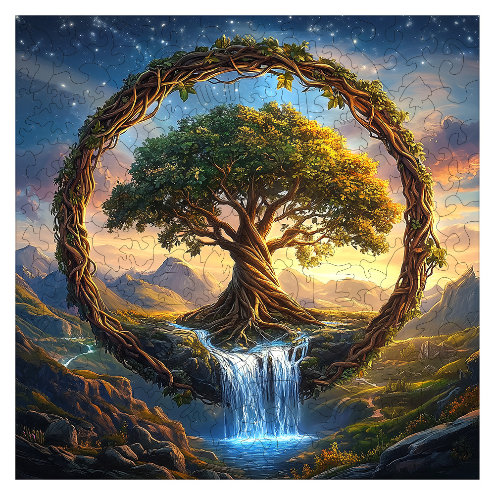 Tree of Life Waterfall River Wooden Puzzle for Adults | Uniquely Shaped Irregular Family Game – Eco-Friendly Wood Craft