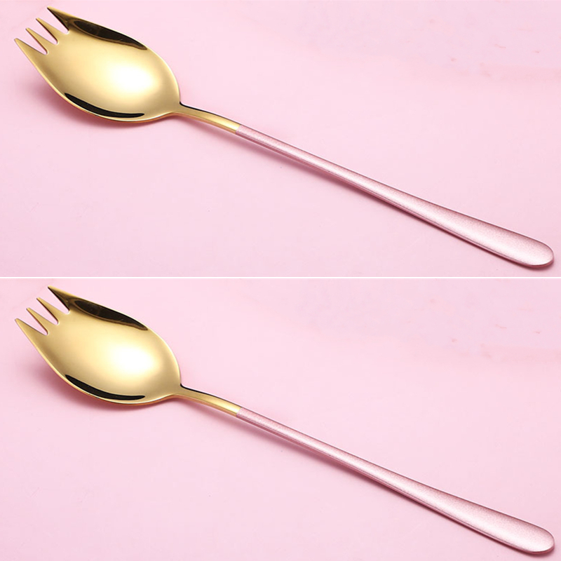 2Pcs Fork Spoon 2 In 1 Multi-function Camping Tableware Stainless Steel Cutlery Salad Spoons Unique Spoons Gold Dessert Spoon: 2pcs Pink gold