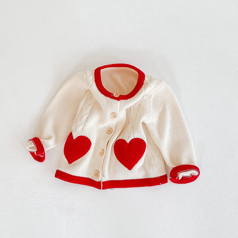 Baby Girl Knitted Cardigan Heart Sweater Coat Solid Sweater Kids Single-breasted Outerwear Toddler Girl Sweater: 12M