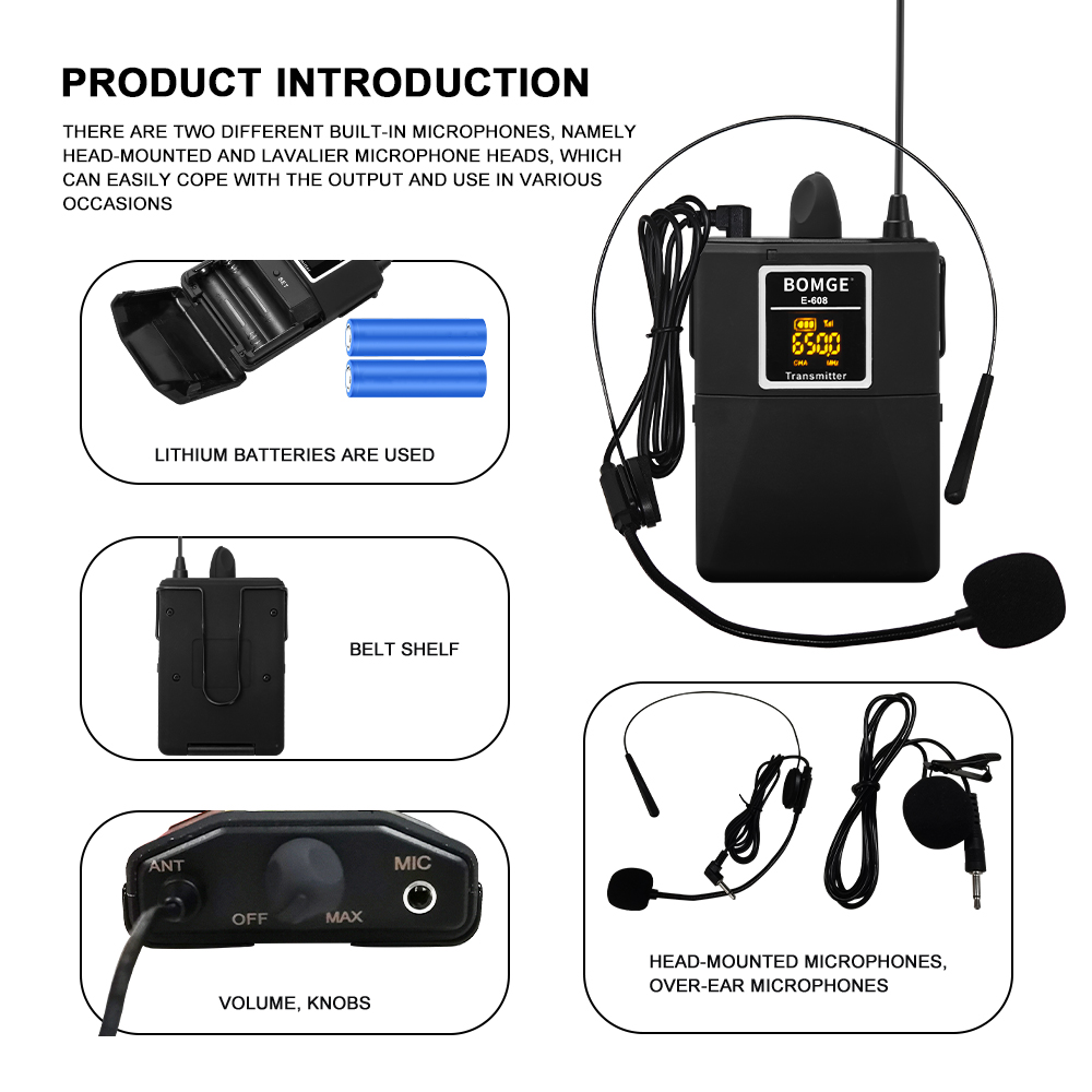 Micrófono Lavalier inalámbrico con auriculares Lavalier Beltpack transmisor receptor Collar auriculares micrófono para grabación de mezclador de audio