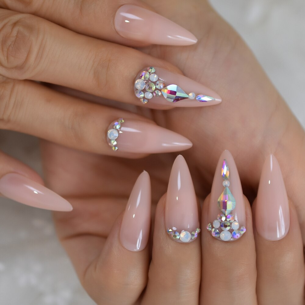 Faux-ongles nus, en ABS, longs brins pointus et Stiletto, en acrylique, artificiels, pointe en Strass pour manucure, 24