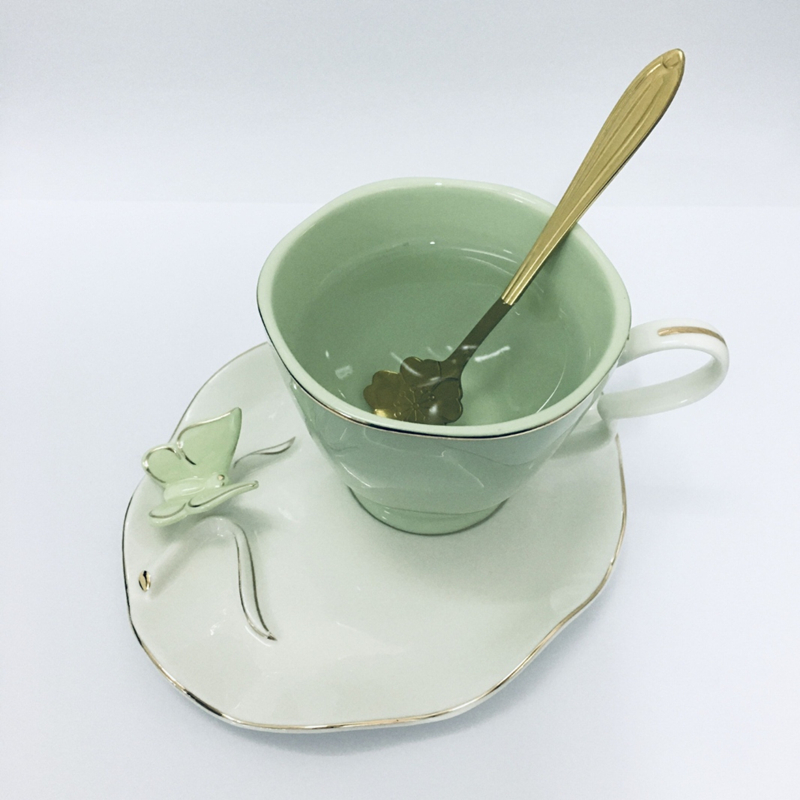 Juego de taza y platillo de café con forma de mariposa para el hogar, juego de tazas de té de la tarde en inglés, 200ml, ,: Green