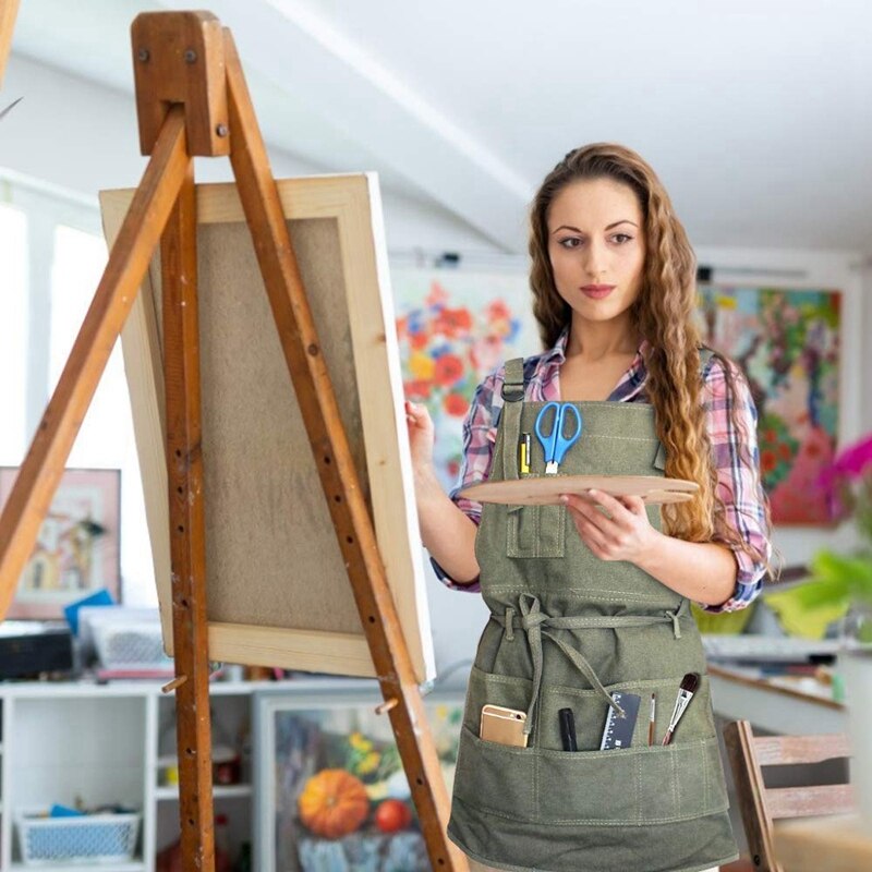 Artist Canvas Apron，Pockets Painting Apron Painter Adjustable Neck Strap Waist Ties Gardening Waxed Aprons for Women Men Adaults