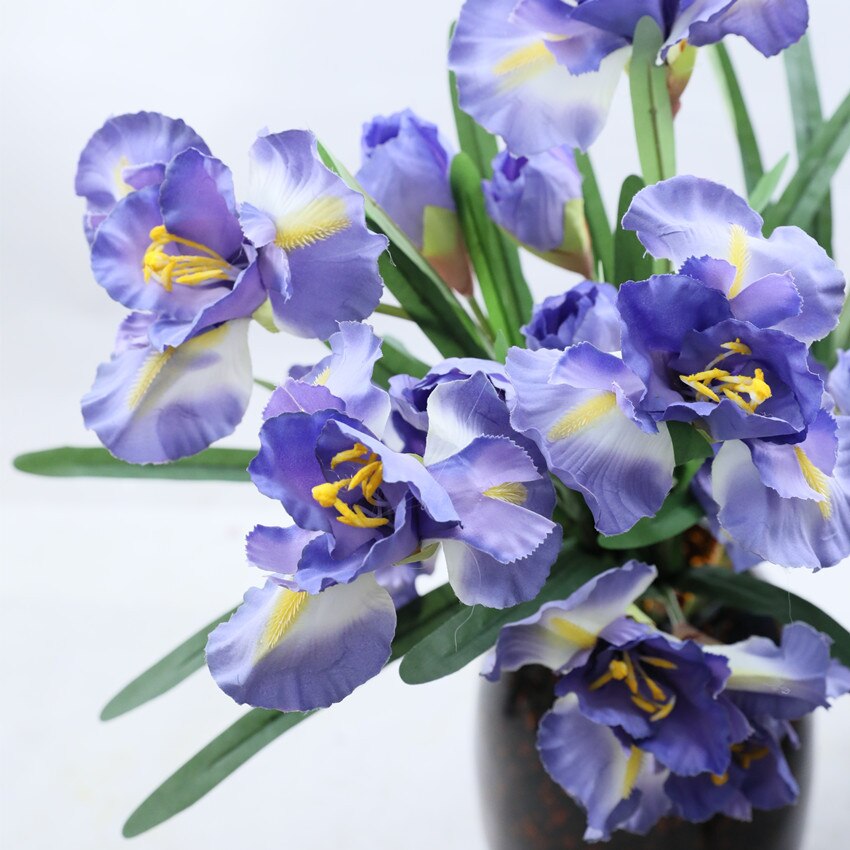 3 huvuden alice iris blomma med gröna blad siden konstgjorda blommor för heminredning flores orkidé