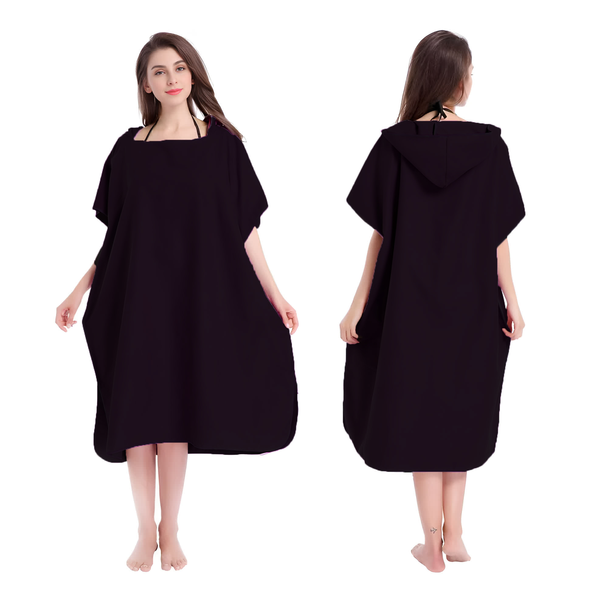 Mikrofaser-Kapuzenhandtuch für Männer und Frauen, Schwimmen, Strand, Reisen, schnell trocknend, Wickelmantel, Umhang, Badetuch, Bademantel, Surfen-Poncho, Sauna, Spielen: Schwarz