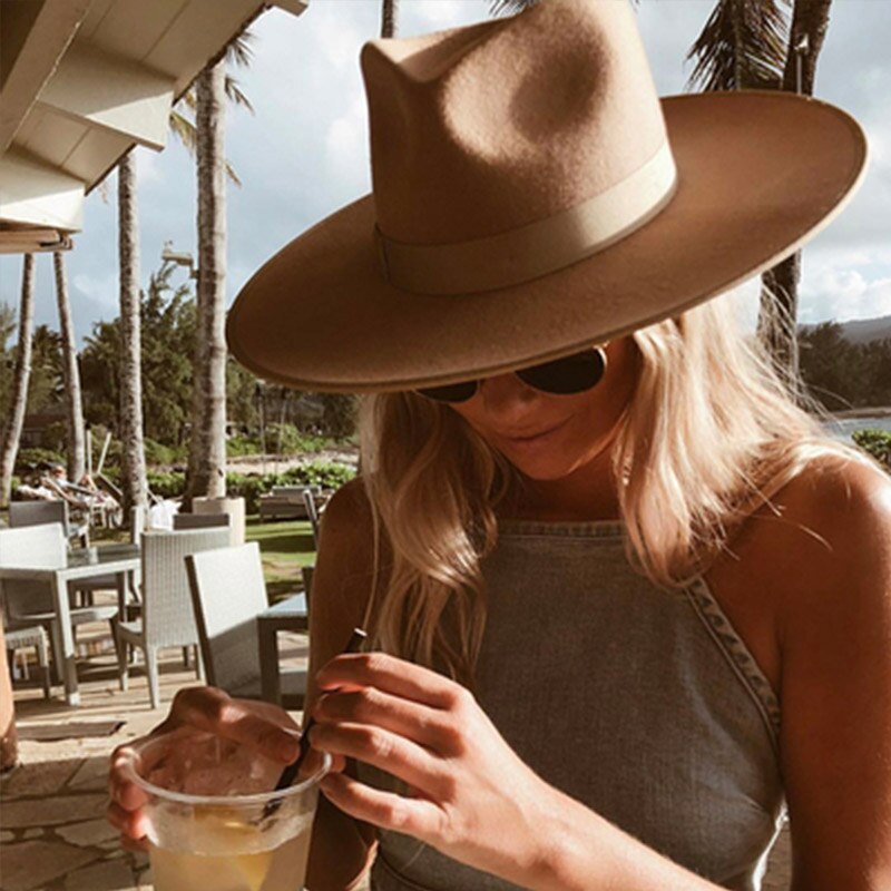 Classical Wide Brim Porkpie Fedora Hat Camel Black 100% Wool Hats Men Women Crushable Winter Hat Derby Wedding Church Jazz Hats: camel with ribbon
