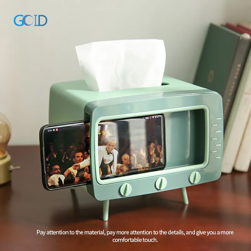 Retro TV Tissue Box Desktop Phone Holder Multifunctional Household Living Room Paper Pumping Sleeve Lazy Mobile Phone