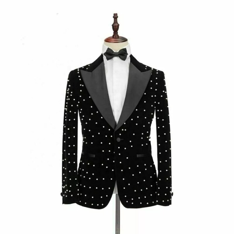 Landuxiu-Blazer de terciopelo con lunares para hombre, traje de novio, esmoquin ajustado para boda y , color blanco y negro, 2022