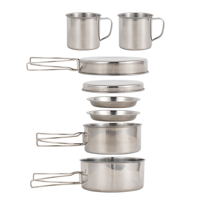 Juego de ollas de acero inoxidable para cocina, juego de ollas de cocina, plato, taza de agua para Picnic al aire libre, Camping, escalada, 8 Uds.