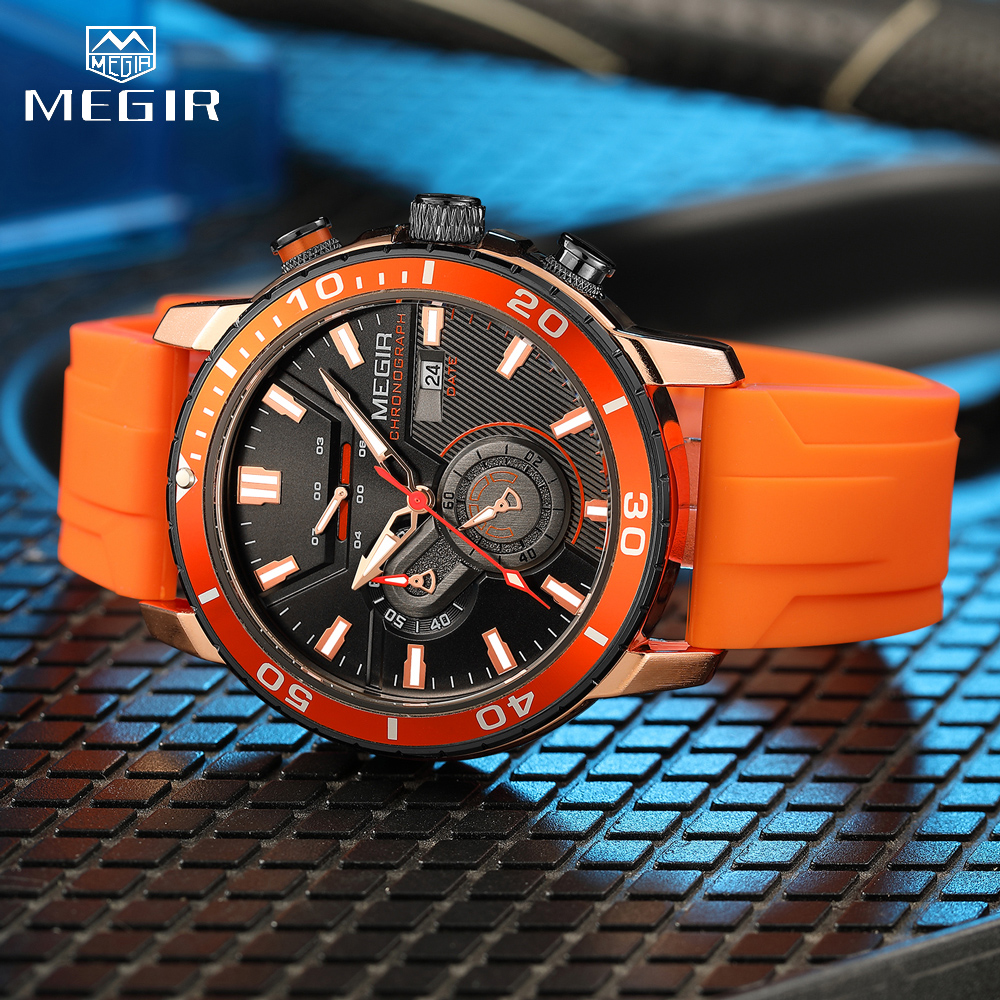 Megir oranje chronograaf sporthorloge voor heren met siliconen band, waterdicht, met lichtgevende wijzers, automatische datumweergave en 24-- uurs weergave.