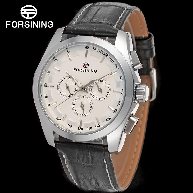 Mode Forsining Top Mannen Automatische Mechanische Horloge Mannen Goud Casual Horloges Lederen Kalender 24 Uur Klok: Silver-White