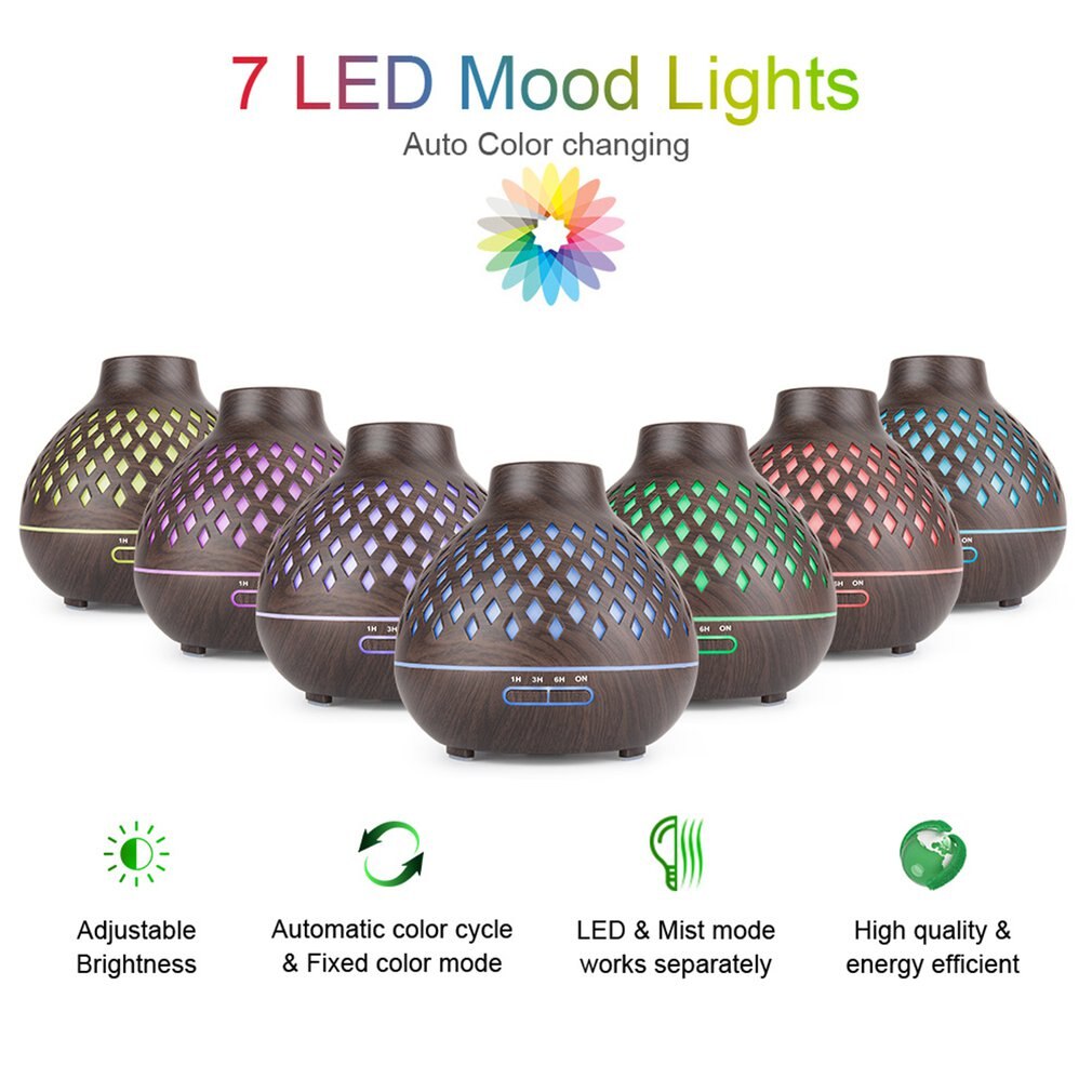400ML Wood Essential Oil Diffuser Ultrasonic Usb Air Humidifier With 7 Color Led Lights Remote Control Office Home EU Plug