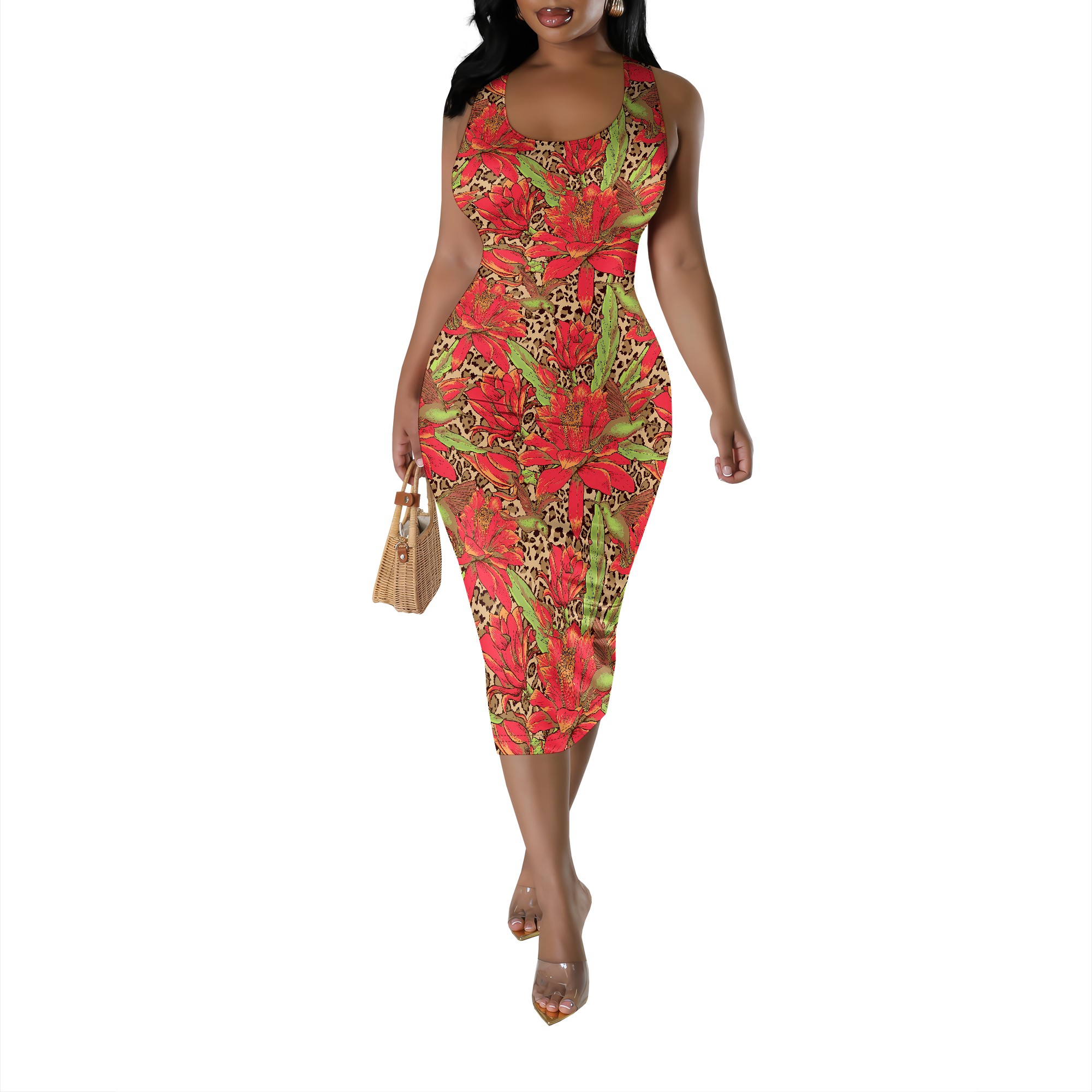 Tropisk bladprint plus size ærmeløs midikjole sommer strandferie bodycon-kjole: Xl / Lys lilla