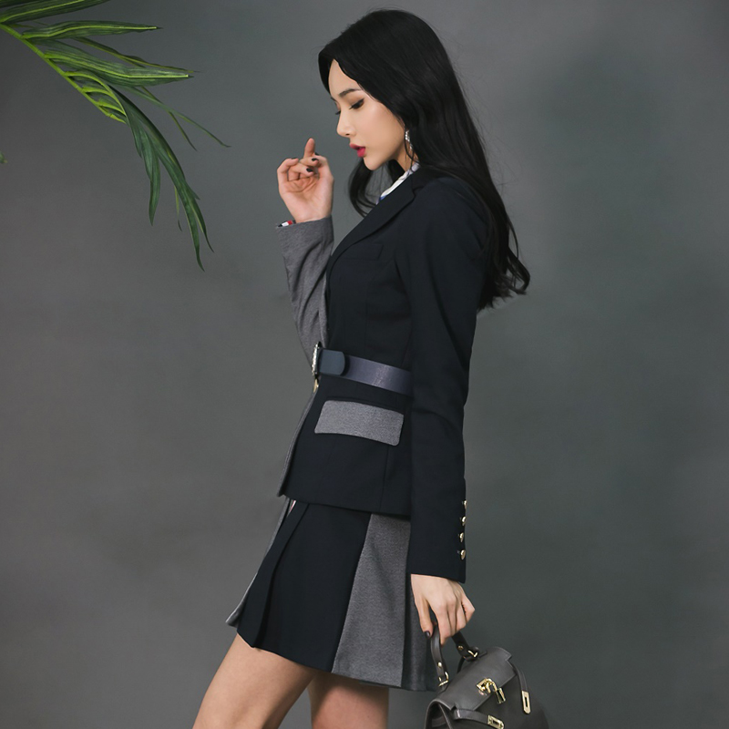Conjuntos de ropa Chic de otoño para mujer, ropa de trabajo, chaqueta de retazos negra y gris, conjunto de dos piezas para mujeres, traje de oficina SL001