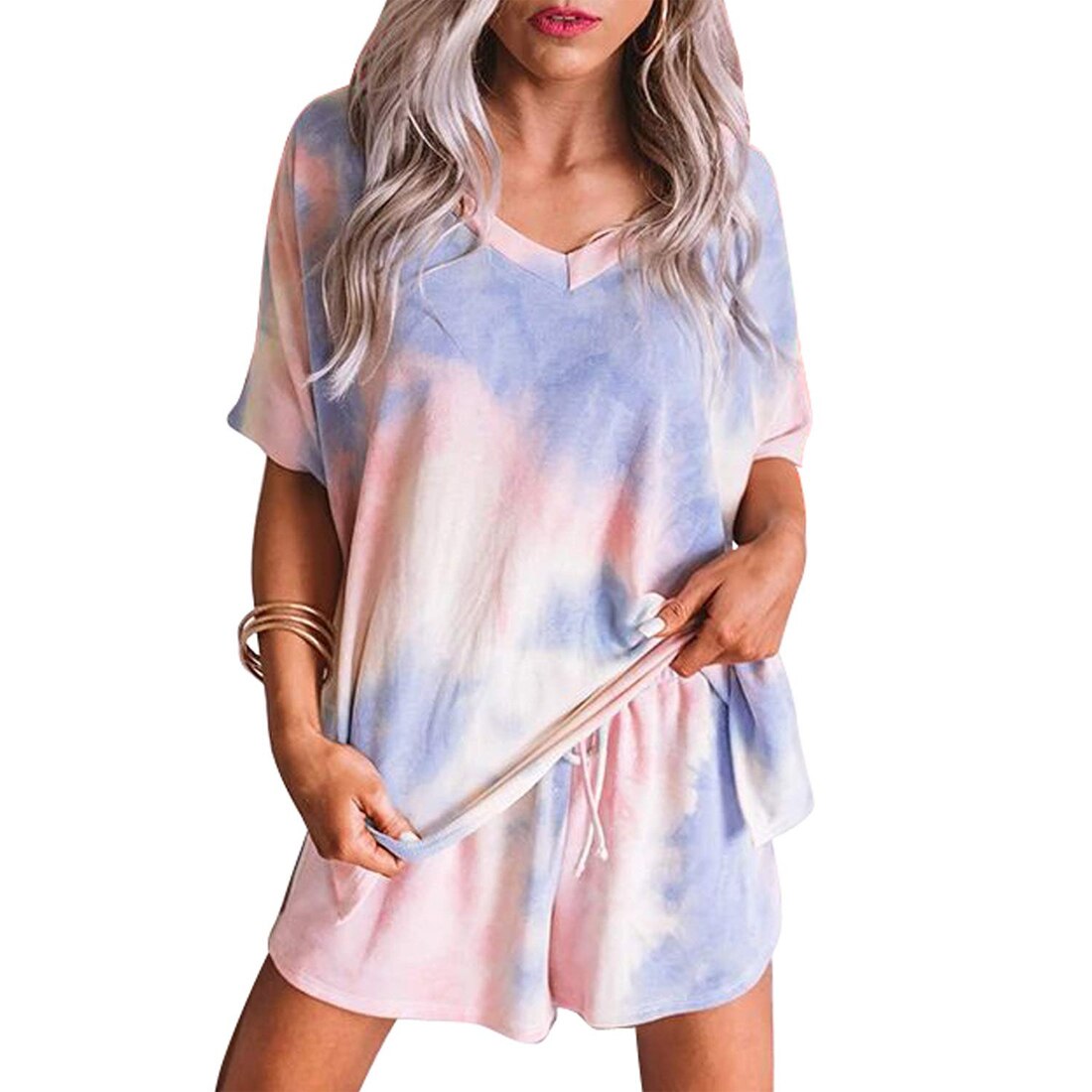 Vrouwen Nachtkleding Set Tie-Dye Leisure Korte Mouw Pyjama Set Vrouwelijke Nachtkleding Top Sport Shorts Homewear Pigiama: deep purple / Asian Size S