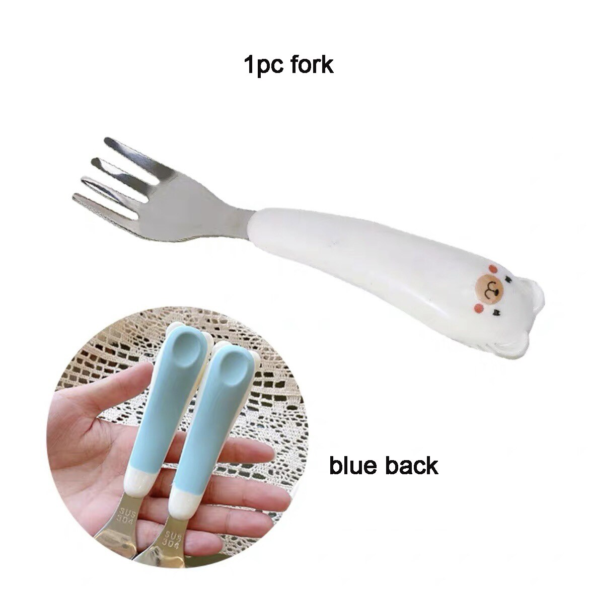 Kawaii Bear Cutlery Set Ceramics Handle 304 Stainless Steel Spoon and Fork Set Kitchen Dinnerware Flatware for Kids Adults: 1pc fork blue back