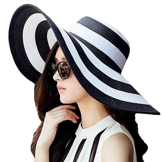 Women's Foldable Big Brim Striped Straw Sun Hat Wide Large Brim Cap Summer Travel Beach Floppy Hats Sun Protection