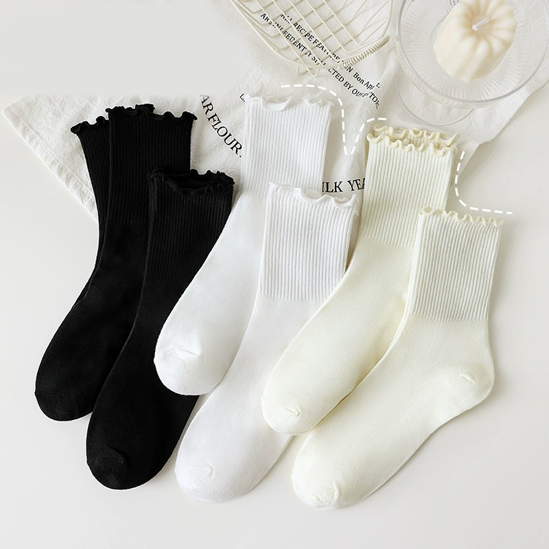 Calcetines con volantes para mujer, 3 par/lote, tubo medio hasta el tobillo, Calcetines blancos y negros transpirables, Calcetines femeninos para primavera y otoño
